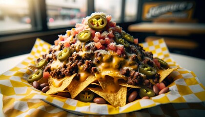Naklejka premium Loaded Nachos with Beef and Spicy Jalapeños
