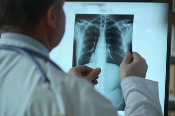Doctor Analyzing Chest X-Ray on Computer Screen. Generative AI - obrazy, fototapety, plakaty