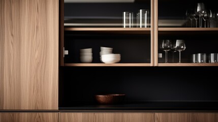 Modern minimalist kitchen shelf display kitchenware, neutral tones, copy space
