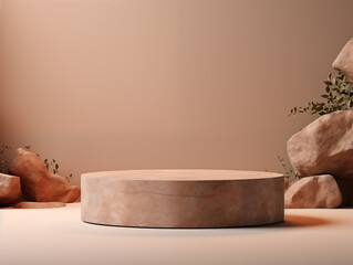 Beige 3d podium with greenery and stone texture for product presentation backdrop. 
