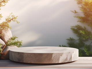 3d podium with greenery and marble for product presentation backdrop. 
