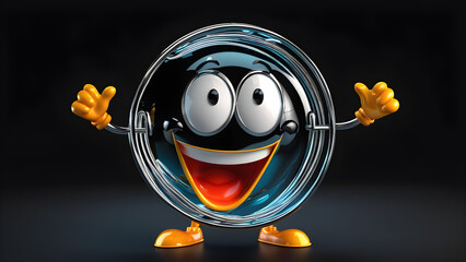 a cartoon character with a happy face funny metal spring on a black background. smiley face in a glassy