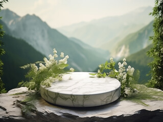 Marble 3d podium with greenery and mountains for product presentation backdrop. 
