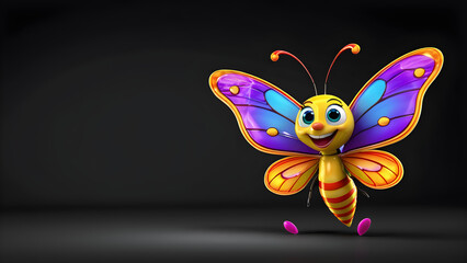 a cartoon character with a happy face funny moth on a black background. butterfly on a black background cartoon illustration
