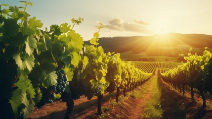 Scenic vineyard bathed in sunlight, rows of grapevines leading to rich wine flavors - obrazy, fototapety, plakaty