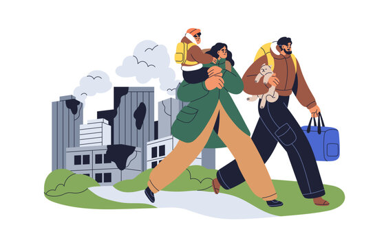 Family leave ruined destroyed house, city in war. People depart from home after catastrophe, attack. Evacuation, forced migration concept. Flat graphic vector illustration isolated on white background