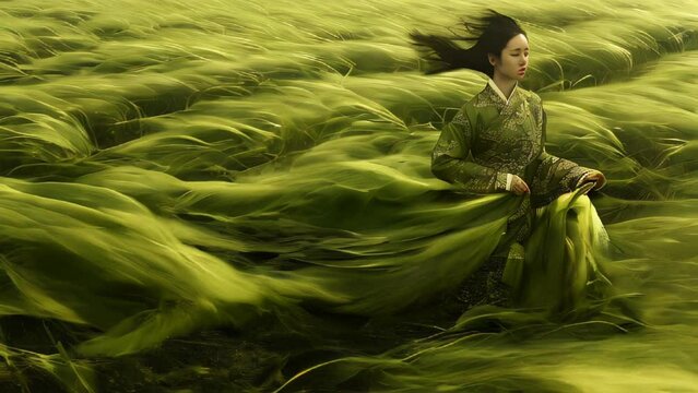 A woman dancing in a meadow with a green dress billowing in the strong wind
