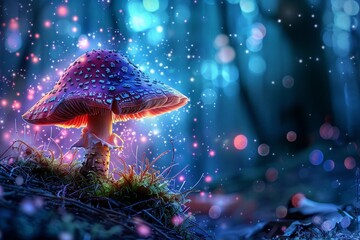 Fantasy enchanted fairy tale forest with magical Mushrooms. Beautiful macro shot of magic mushroom, fungus. Magic light. digital art