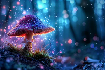 Gordijnen Fantasy enchanted fairy tale forest with magical Mushrooms. Beautiful macro shot of magic mushroom, fungus. Magic light. digital art © Esha