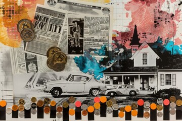 black and white collage. car, coins, house. economy. mortgage cost concept. price rise