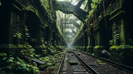 Overgrown railway station consumed by vines and foliage, evoking nostalgia and mystery - obrazy, fototapety, plakaty