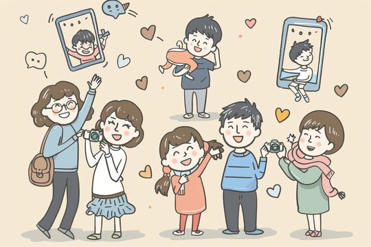 Cartoon cute doodles of parents taking family photos together and making memories, Generative AI