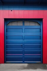 red and blue garage metal door