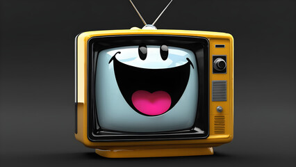 old tv. cartoon. a cartoon character with a happy face funny old television on a black background. retro tv