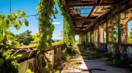 Abandoned railway station covered in vines and overgrown foliage, eerie and mysterious atmosphere