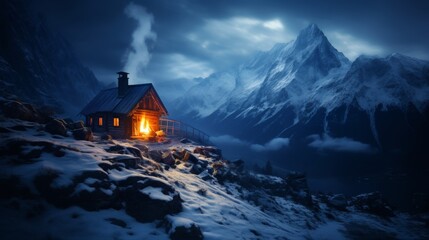 Scenic winter cabin nestled in snowy mountains with chimney smoke and cozy warm glow - obrazy, fototapety, plakaty