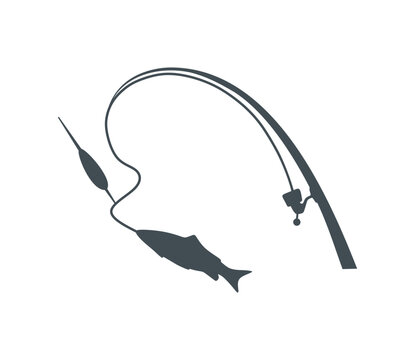 Fishing and active hobby. Fishing rod with fishing line float and hook. Fish biting a lure. Simple black emblem, icon silhouette on white background. Flat vector illustration. Isolated.