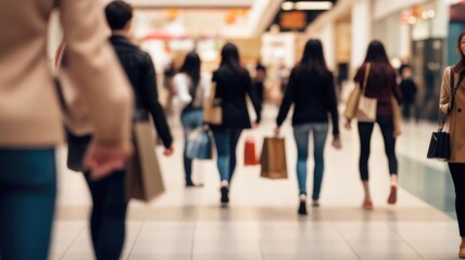 Defocused background of people walking in a modern shopping mall with some shoppers in motion blur