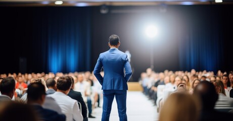 Professional speaker engaging audience at motivational seminar - obrazy, fototapety, plakaty