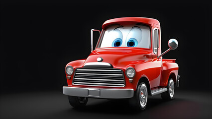 a cartoon character with a happy face funny pickup truck on a black background. illustration of a car