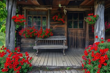 Old wooden house with red geraniums and bench in the garden