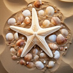 Fototapeta na wymiar Starfish and seashells on the sand. Top view.