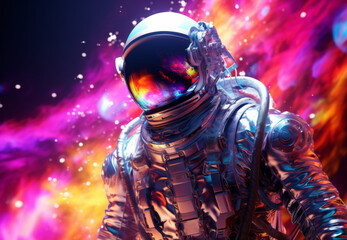 Fototapeta premium Astronaut in a spacesuit floating in the midst of colorful space, generative AI