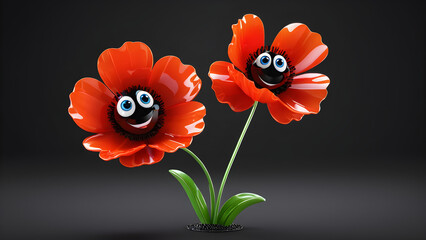 cartoon poppy flower. a cartoon character with happy face funny poppy flower on black background