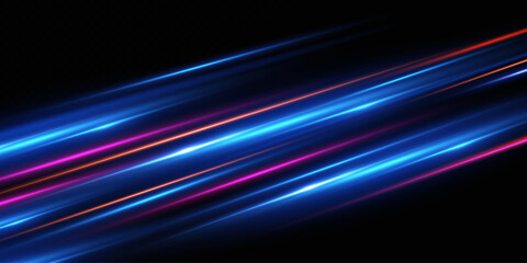 Neon lines moving light effect. Horizontal lines. Speed ​​effect on a transparent background. Lines of light, speed and movement