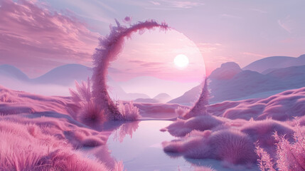 A surreal landscape with a pathway lined by pink grass leading towards a circular sunset, evoking a dream-like quality.