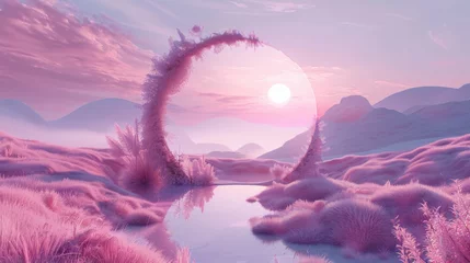 Cercles muraux Violet A surreal landscape with a pathway lined by pink grass leading towards a circular sunset, evoking a dream-like quality.