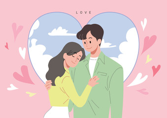 Lovers are hugging each other tenderly. Heart background