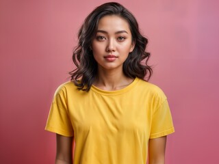 A beautiful Asian woman in a yellow t-shirt on a pink background