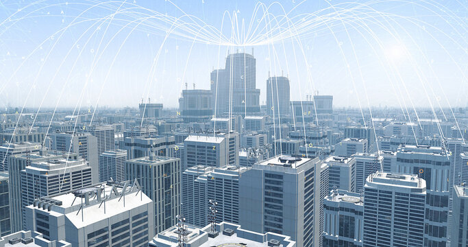 Metropolitan City Aerial View. 5G Wireless Internet Forming An Arch. Big Data And High Speed Internet 4K 3D Concept.