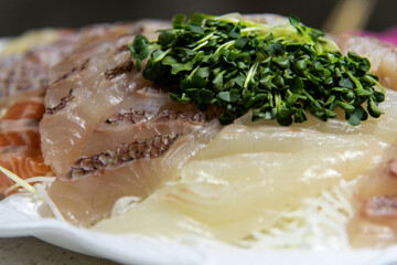 Close-up of sea bream sashimi