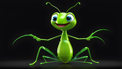 a cartoon character with happy face and funny stick insects on a black background. green cartoon stick insects isolated on black