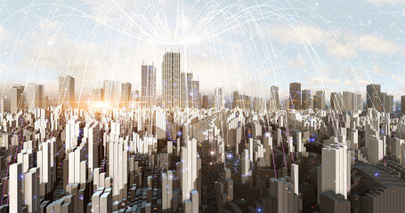 Smart High Tech 3D City Aerial View. 5G Wireless Network. Futuristic Smart City And Technology Concept 3D 