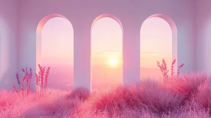 Fototapete Candy Pink A surreal landscape with a pathway lined by pink grass leading towards a circular sunset, evoking a dream-like quality.