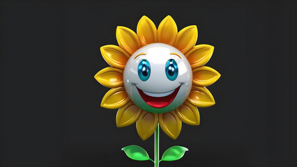 a cartoon character with a happy face funny sun flower on a black background. sunflower on black. cartoon sunflower