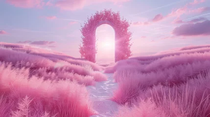 Fotobehang A surreal landscape with a pathway lined by pink grass leading towards a circular sunset, evoking a dream-like quality. © Paphawin