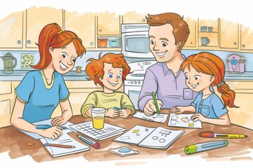 Cartoon cute doodles of parents helping their kids with homework and school projects at the kitchen table, Generative AI