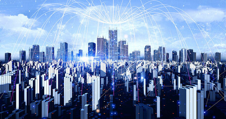 Fototapeta na wymiar Futuristic Metropolitan City Big Data 5G Network. Big Data And High Speed Internet 4K 3D Concept.