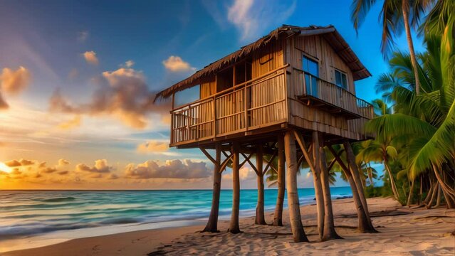 Tropical hut paradise by the sea. Generative AI Video. ProRes LT 59.94 FPS available in 4K 16:9.