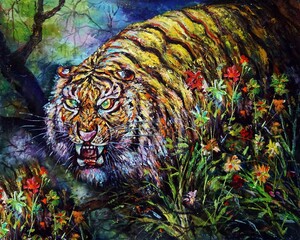 Art painting Oil color panthera tigris tiger in forest	