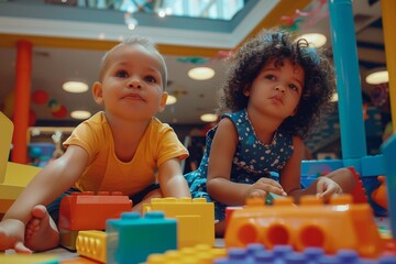 Portrait of Adorable Stylish Children Playing Together in a Kids Room at Shopping Mall. Talented...