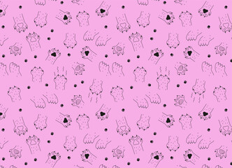 Seamless pattern Cat paws.doodle footprints of kitty. Vector illustration of animals paws for textiles.