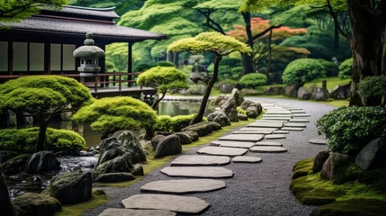 Schilderijen op glas Tranquil japanese garden with pruned bonsai trees, peaceful koi ponds, and winding stone pathways. © Philipp