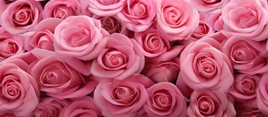 A group of vibrant pink roses, notably larger than the rest, stand out in a lush garden filled with enchanting pink roses. The blossoms are in full bloom, showcasing their stunning beauty and size.