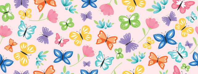 Cute cartoon butterflies with flowers. Seamless spring and summer pattern. - obrazy, fototapety, plakaty