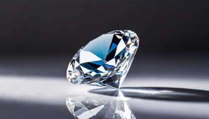 A diamond is displayed on a pure white surface, copyspace on a side